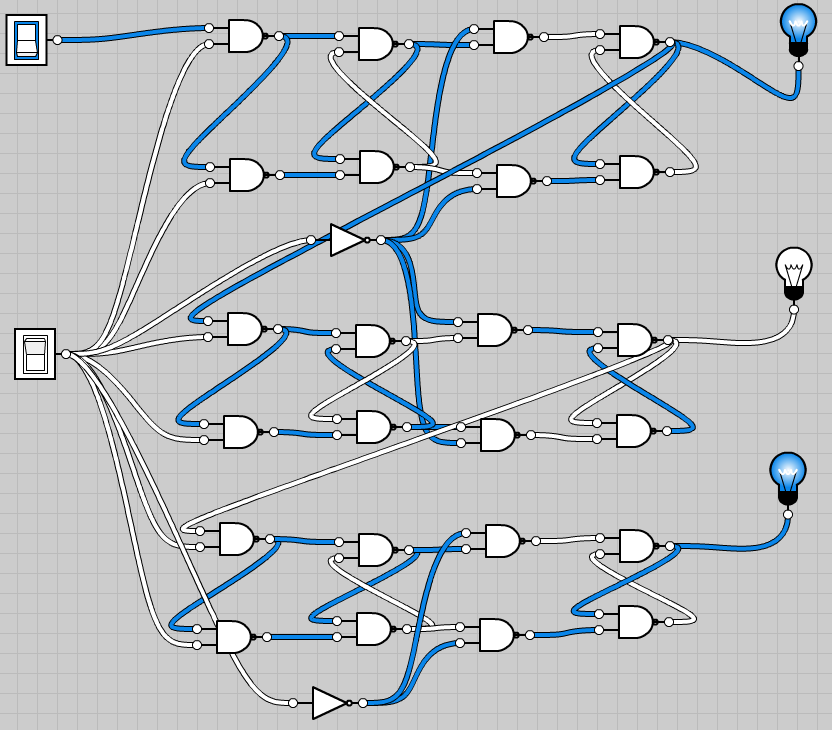 A 3 bit shift register built with Logicly.